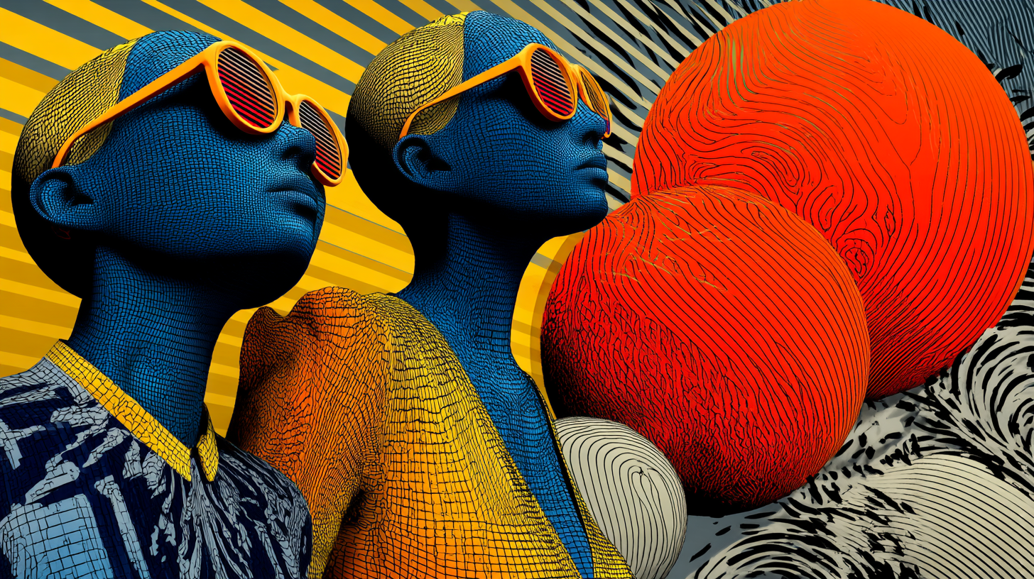 Abstract illustration of two people looking off into the distance. A series of spheres and stripes are in the background.
