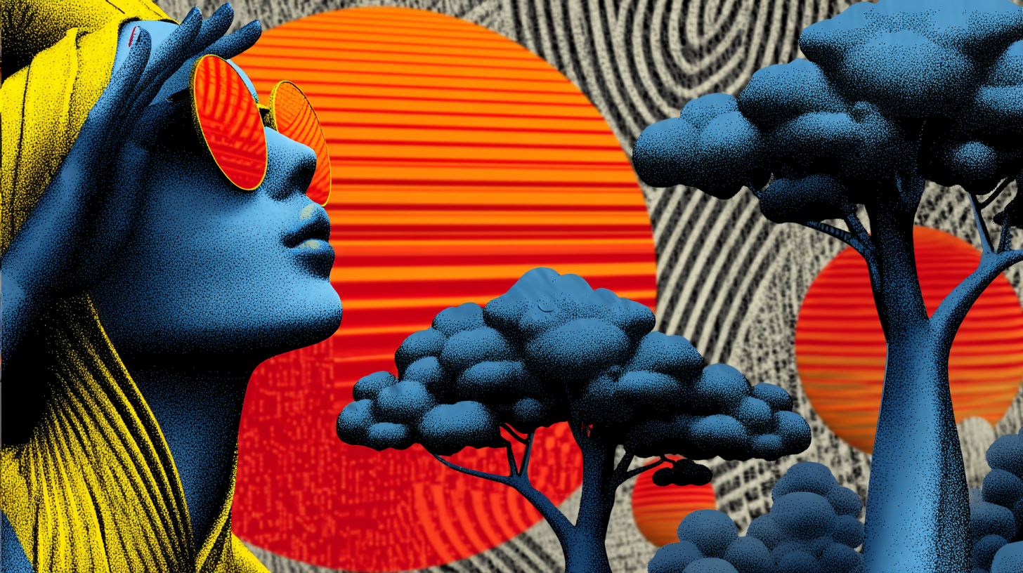 Abstract illustration of a person with sunglasses looking into the surreal distance with blue trees.