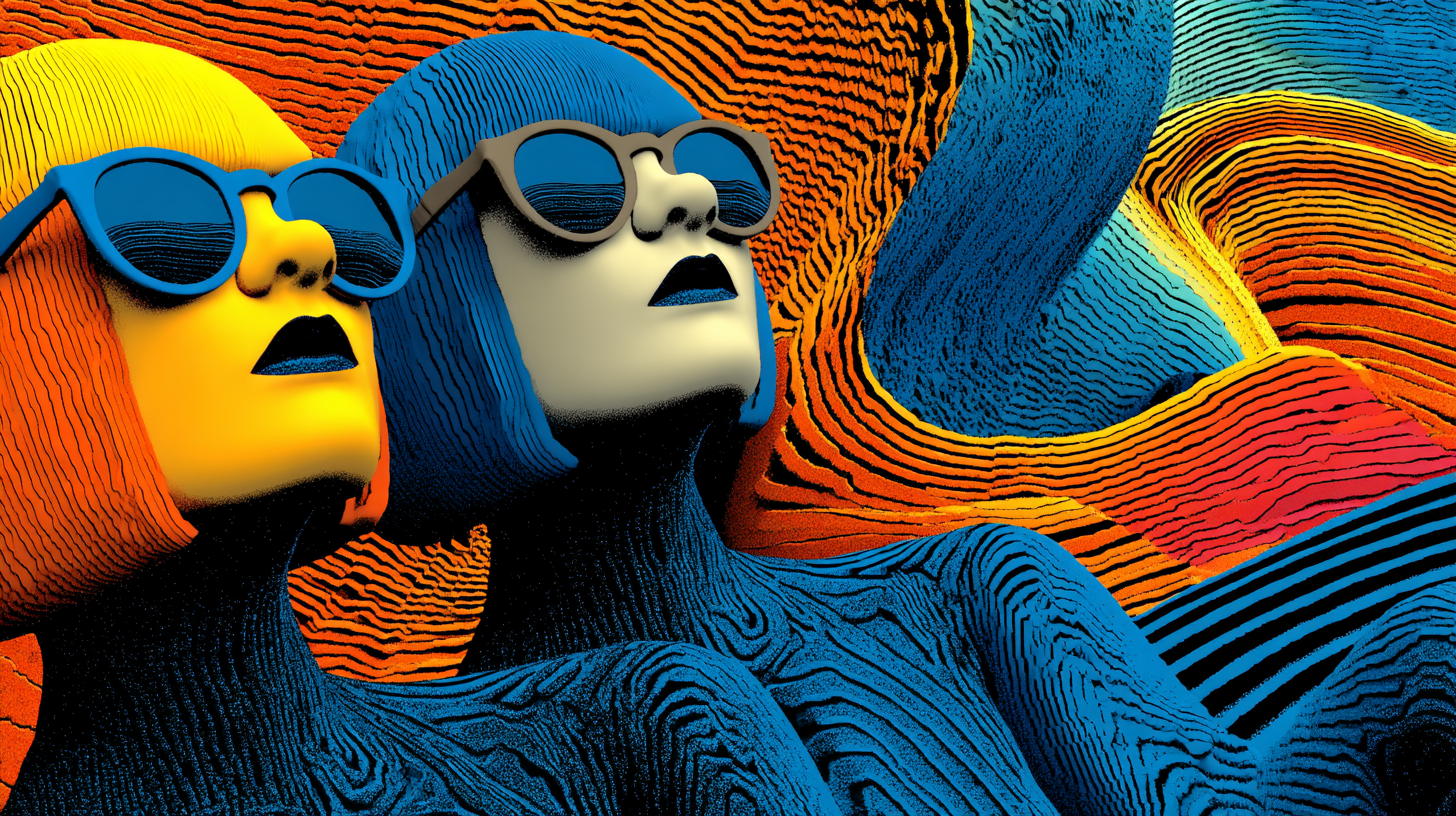 Abstract illustration of almost identical twins, one with yellow skin and orange hair, the other with white skin and blue hair.