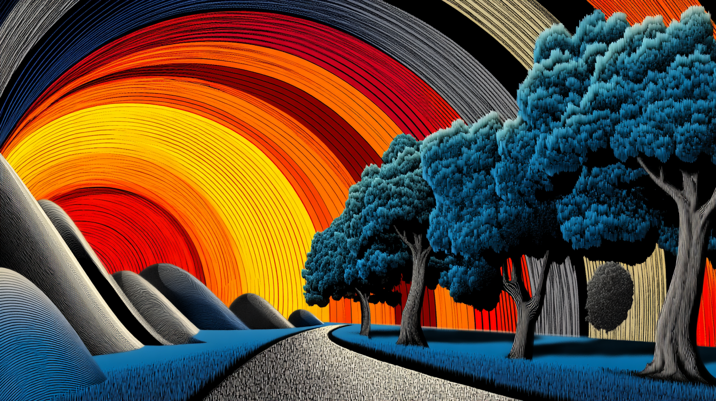 Abstract landscape featuring a tree-lined road leading off towards the sunrise