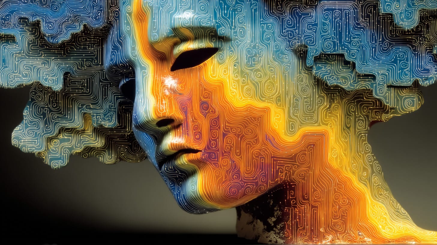 Sculpture of a human bust covered with colourful circuit-like patterns