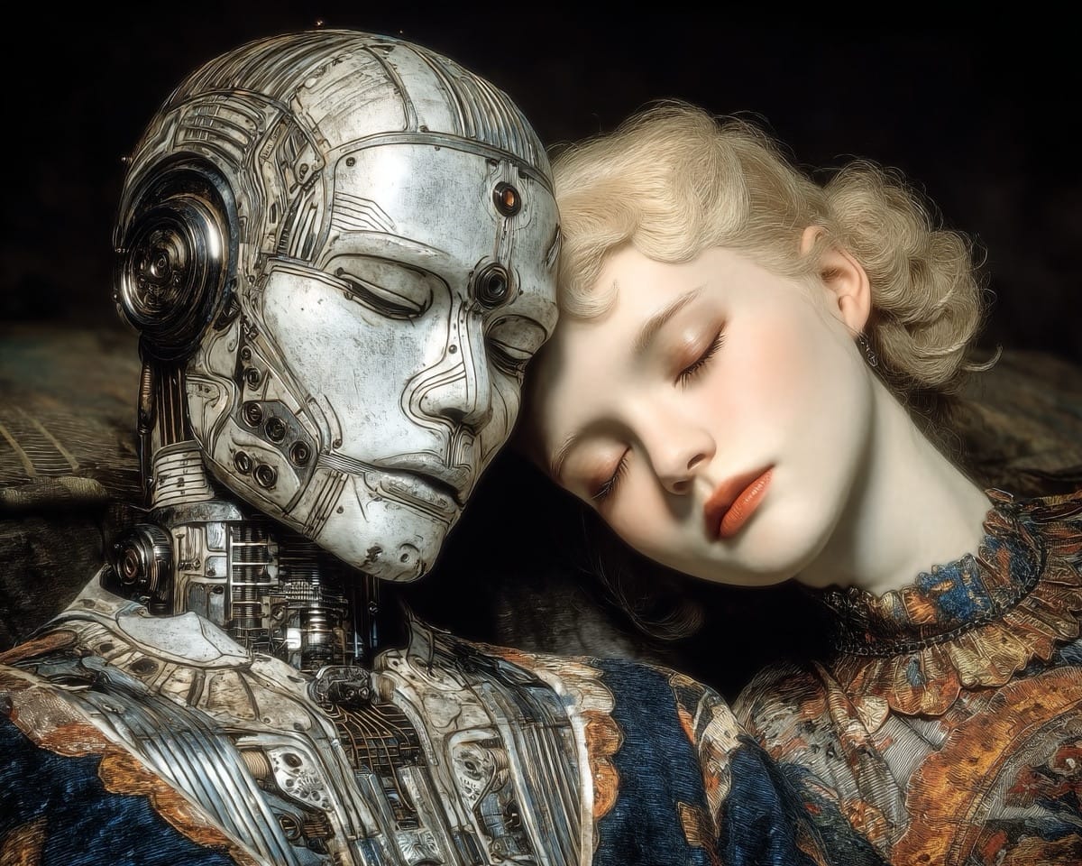 A humanoid robot and a young blond girl sleeping, in a baroque painterly style