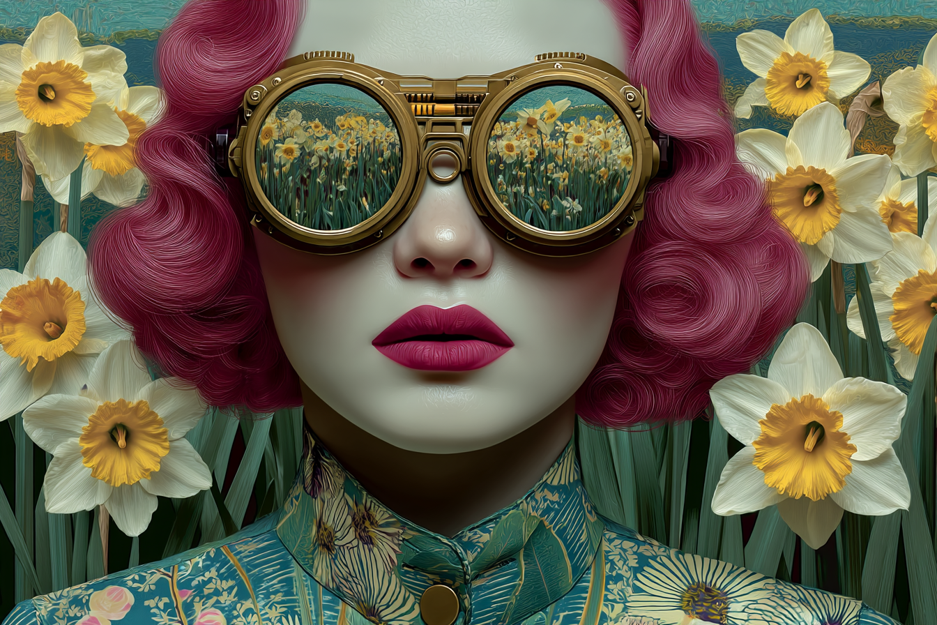 Surreal image of a woman with pink hair wearing steampunk sunglasses, surrounded by daffodils