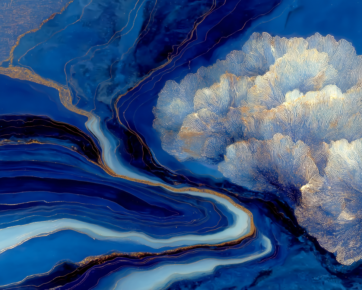 Abstract image made up of organic wavy shades of blue and gold