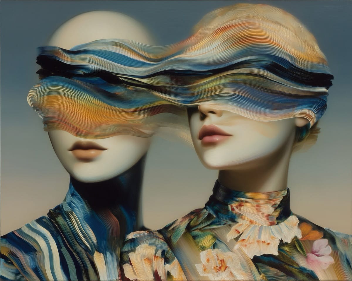 Painterly portrait of two androgynous people with streaks of colour joining their faces