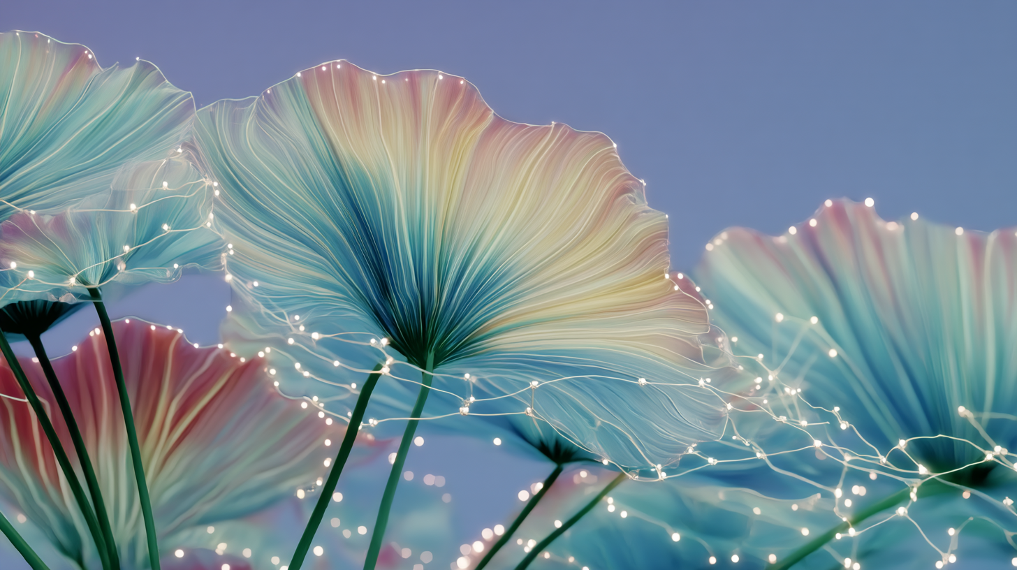 Wild flowers connected by tiny dots of light