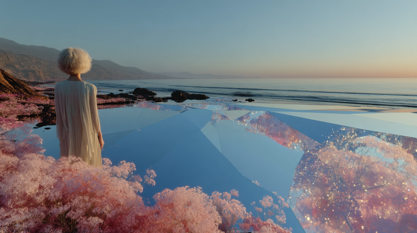 A woman looks out over the distant ocean, with pink flowers reflected in facets of glass in the foreground