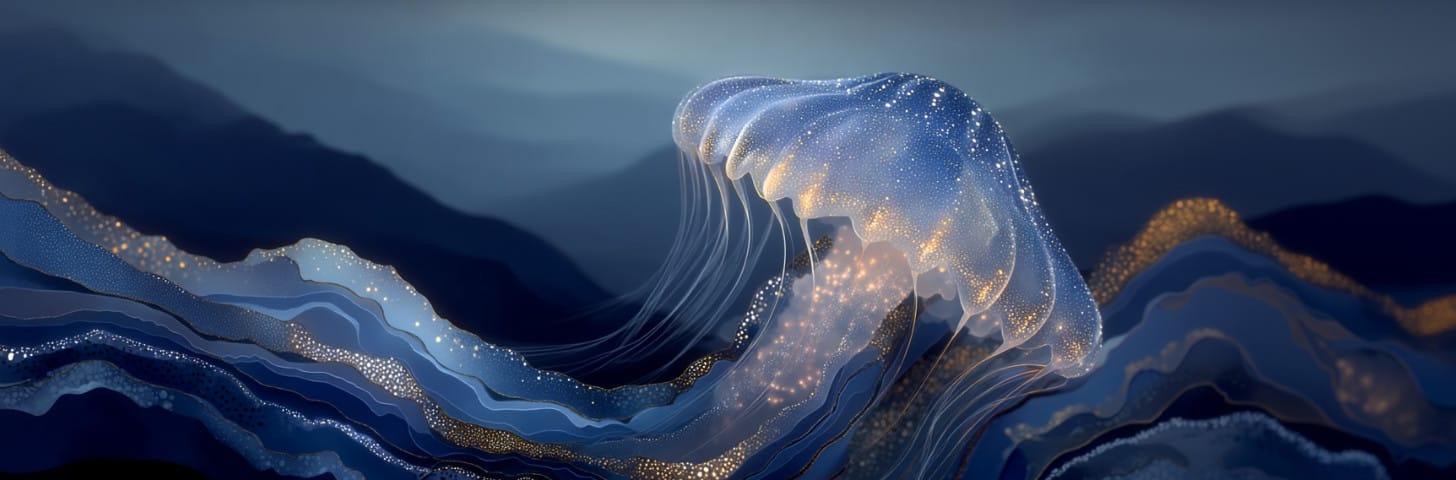 Stylized image of a bioluminescent jellyfish travelling with the currents along the bottom of the ocean