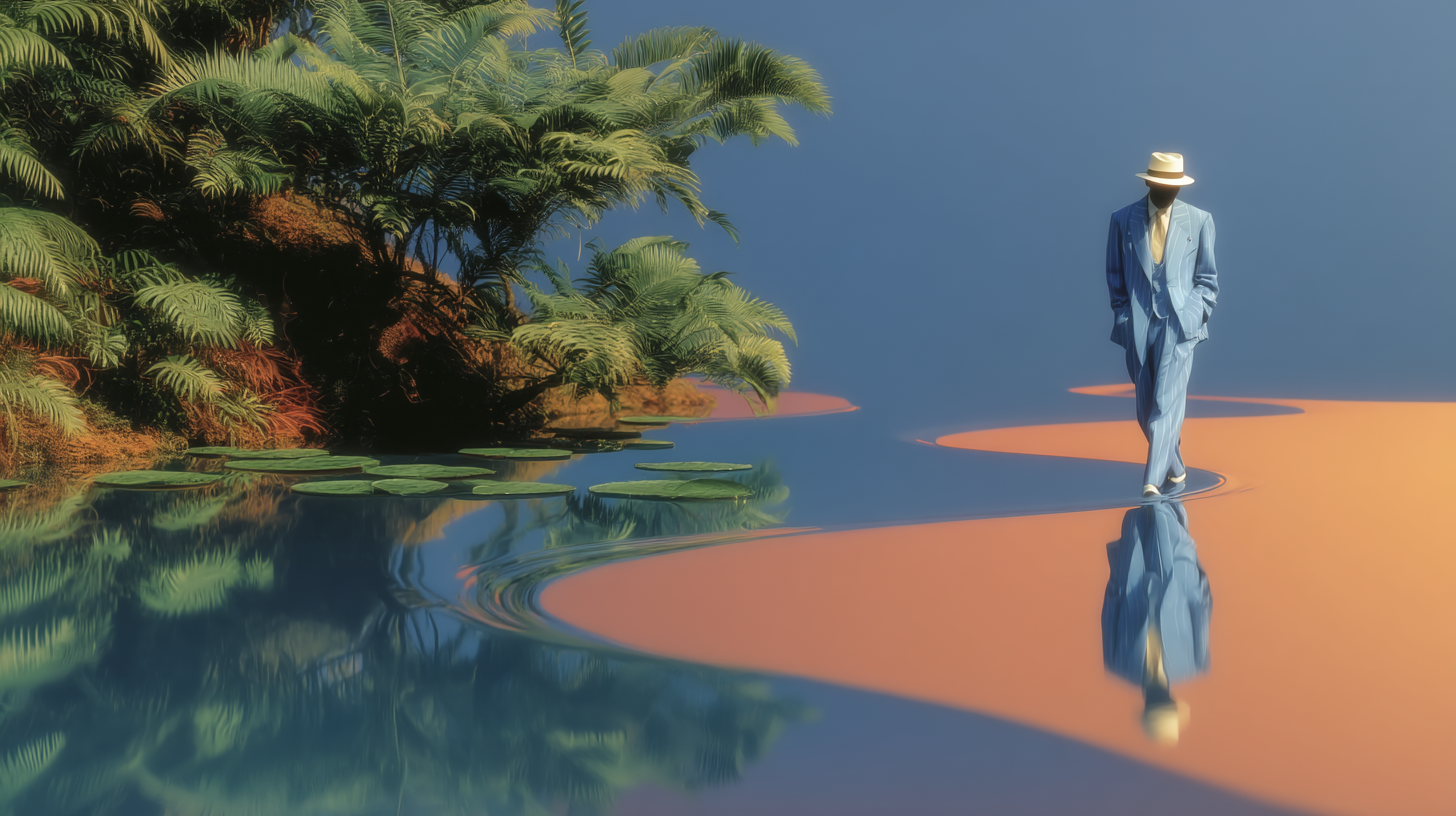 A man in a loose-fitting blue suit and white panama hat walks along the edge of the quicksand where it meets the water 