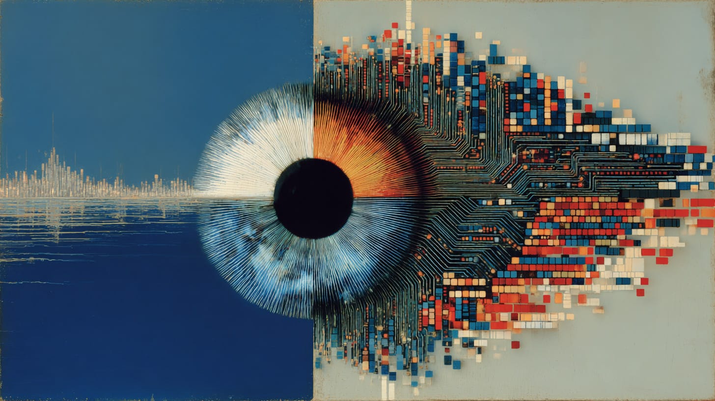 A digital collage of an eye with the mesmerizing effect of circuitry, juxtaposed against a background of ocean and cityscape.
