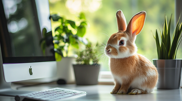 A cute orange rabbit sitting on a white desk next to a silver iMac and several houseplants. 