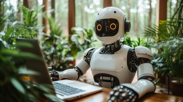 Photo of an android sitting at a desk with a laptop in a bright sun-filled room, surrounded by tropical house-plants.