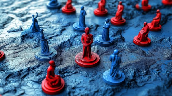 Red and blue game pieces positioned on a 3D topographical map.