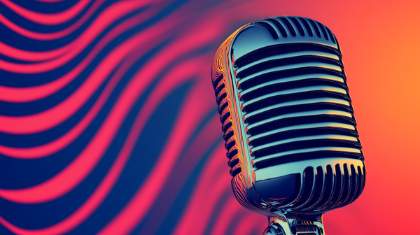 Abstract image of a fifties-style chrome microphone with red and blue waves lines in the background