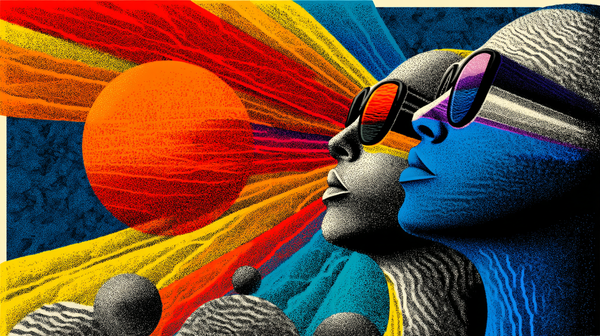 Abstract illustration of two people wearing sunglasses with a surreal background featuring random circles and radiating beams of colour.