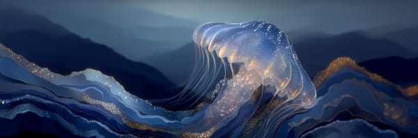 Stylized image of a bioluminescent jellyfish travelling with the currents along the bottom of the ocean